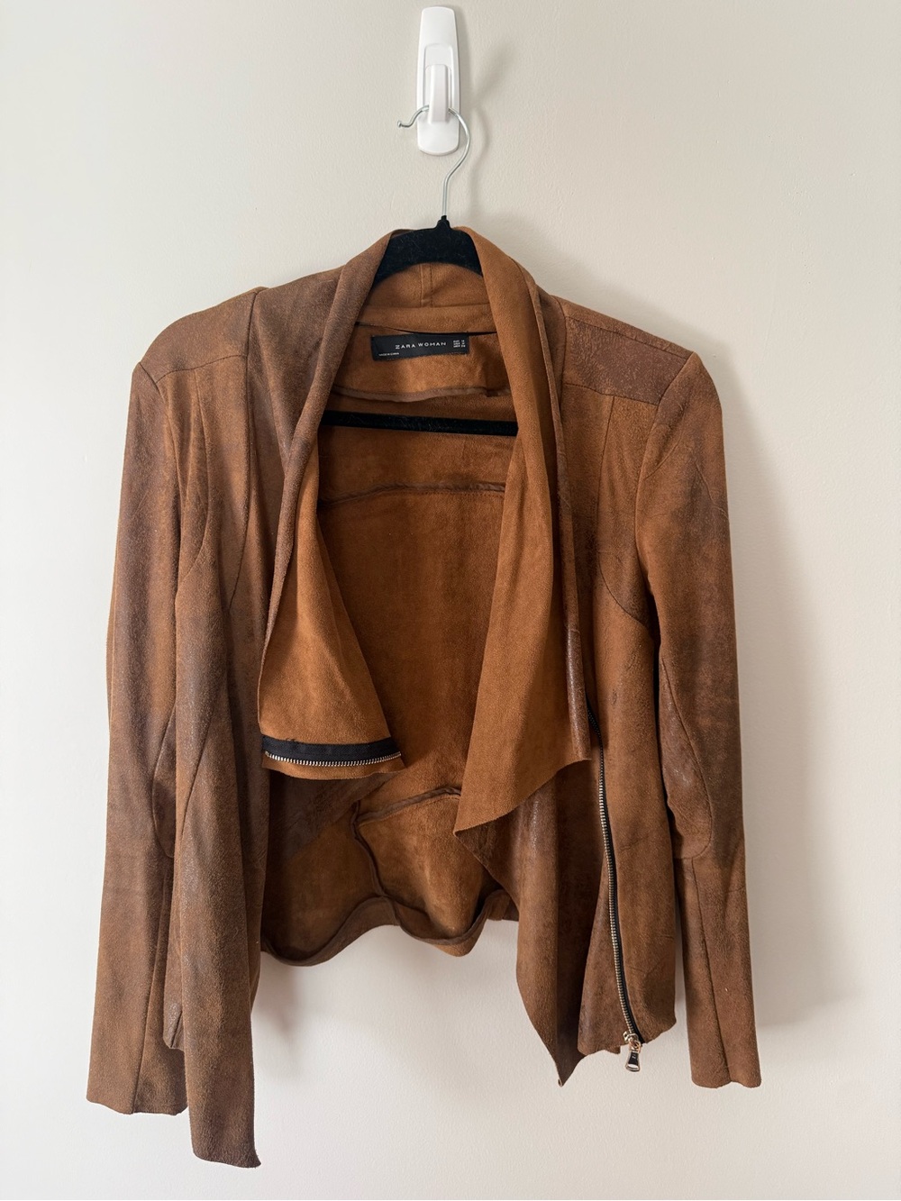 Zara Brown Faux Suede Drape-Front Jacket